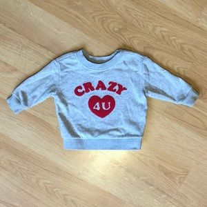 EUC GAP Baby Boy Crewneck Sweatshirt-Gray with Red “Crazy 4 U” Raised Embroidery